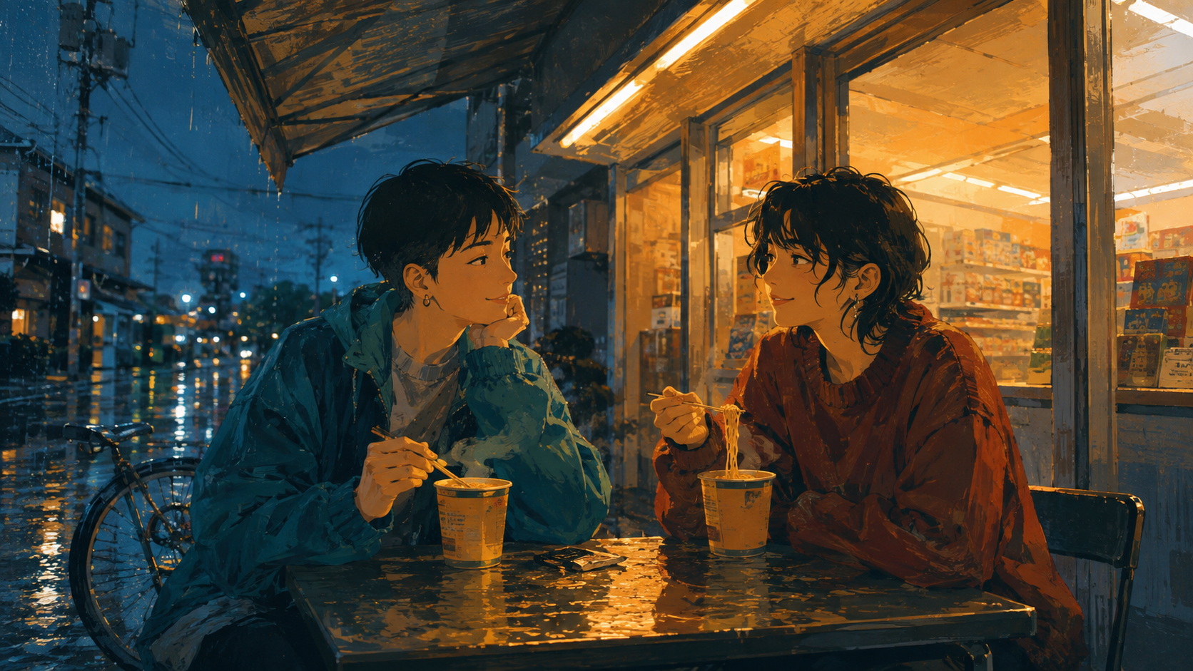 Two friends sharing noodles outside a shop on a rainy evening